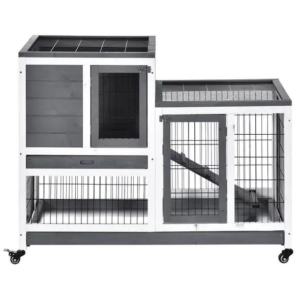 PawHut Wooden Indoor Rabbit Hutch Guinea Pig House Bunny Small Animal Cage W/ Wheels Enclosed Run 110 x 50 x 88 cm, Grey - 8