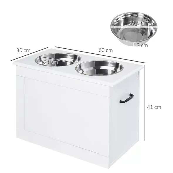 PawHut Raised Dog Bowls, with Storage, Two Stainless Steel Bowls, Elevated Base - White - 3