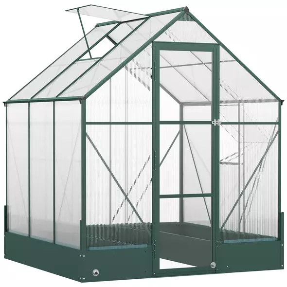 Outsunny 6x6 FT Polycarbonate Greenhouse with Base and Raised Bed, Walk-in Greenhouse with Aluminium Frame, Temperature Controlled Window, Foundation for Plants, Flowers, Vegetable - 1