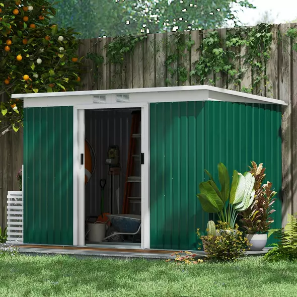 Outsunny 9ft x 4ft Metal Garden Shed, Outdoor Tool House with Foundation Kit, Ventilations and Double Doors, Deep Green - 2