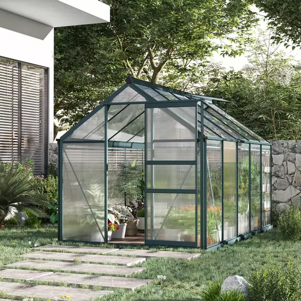 Outsunny 6 x 10ft Polycarbonate Greenhouse, Large Walk-In Green House with Slide Door and Window, Garden Plants Grow House with Aluminium Frame and Foundation, Dark Green - 2