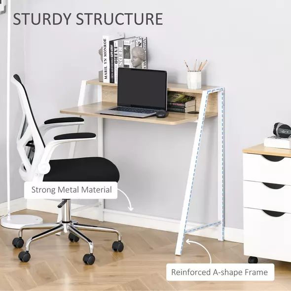 HOMCOM Writing Desk Computer Table Home Office PC Laptop Workstation Storage Shelf 84L x 45W cm White and Oak - 5