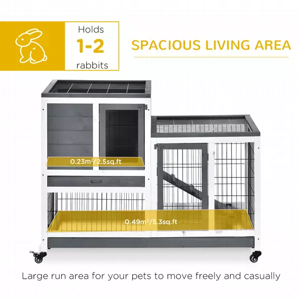 PawHut Wooden Indoor Rabbit Hutch Guinea Pig House Bunny Small Animal Cage W/ Wheels Enclosed Run 110 x 50 x 88 cm, Grey - 4