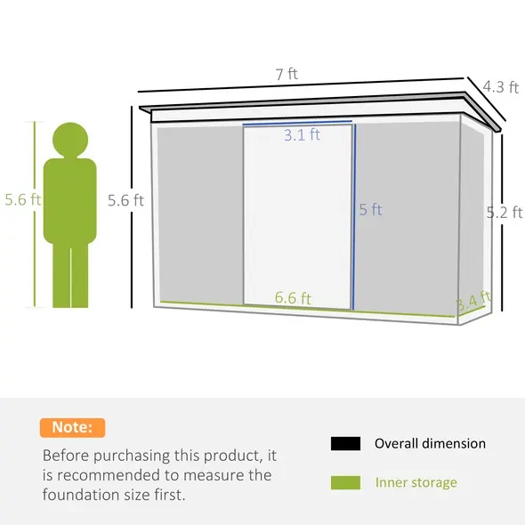 Outsunny 7 x 4ft Galvanised Steel Garden Shed, with Foundation Kit - Green - 3