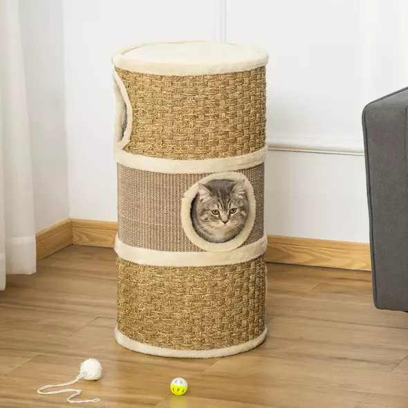 PawHut Cat Scratching Barrel Kitten Tree Tower for Indoor Cats Pet Furniture Climbing Frame Covered with Sisal and Seaweed Rope Cozy Platform Soft Plush - 2