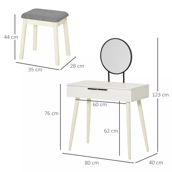 HOMCOM Modern Dressing Table with Round Mirror and Stool, Makeup Vanity Table with 2 Drawers for Bedroom, Living Room, 80 x 40 x 123 cm, White - 3