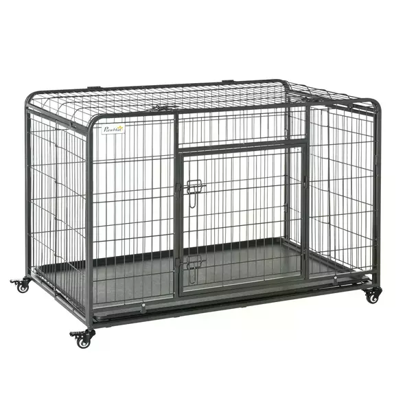 PawHut Metal Dog Cage Kennel Locking Door & Wheels Removable Tray Openable Top For Extra Large Pets 125 x 76 x 81 cm - 1