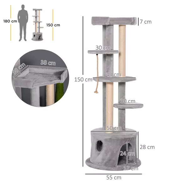 PawHut Cat Tree for Indoor Cats Kitten Tower Multi-level Activity Centre Pet Furniture with Scratching Post Condo Hanging Ropes Plush Perches Grey - 3