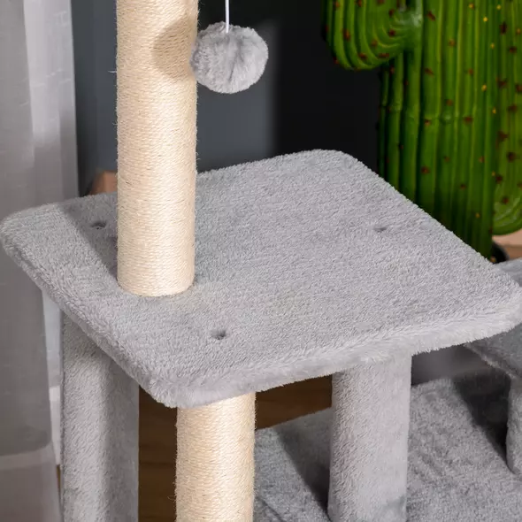 PawHut Cat Tree Tower for Indoor Cats 114cm Climbing Activity Centre Kitten with Sisal Scratching Post Perch Hanging Ball Condo Toy Light Grey - 8