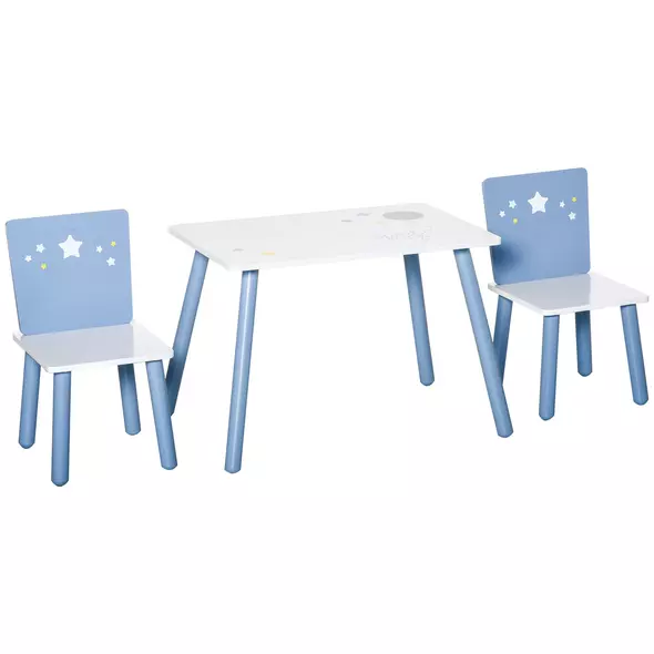 HOMCOM 3 Pcs Kids Table & Chairs Set w/ Wood Legs Safe Corners Cute Stars Seating Mini Furniture Home Playroom Bedroom Dining Room Blue - 1