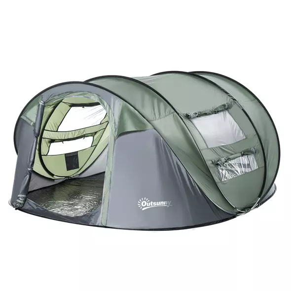 Outsunny 4 Person Pop-up Camping Tent Family Tent with Ground Sheet, 4 Windows and Portable Carry Bag for Beach Outdoor Trip, Dark Green - 1