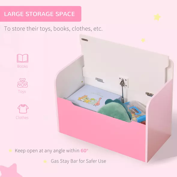 HOMCOM Kids Wooden Toy Box Children Storage Chest Bench Organiser Safety Hinge Bedroom Playroom Furniture Pink - 5