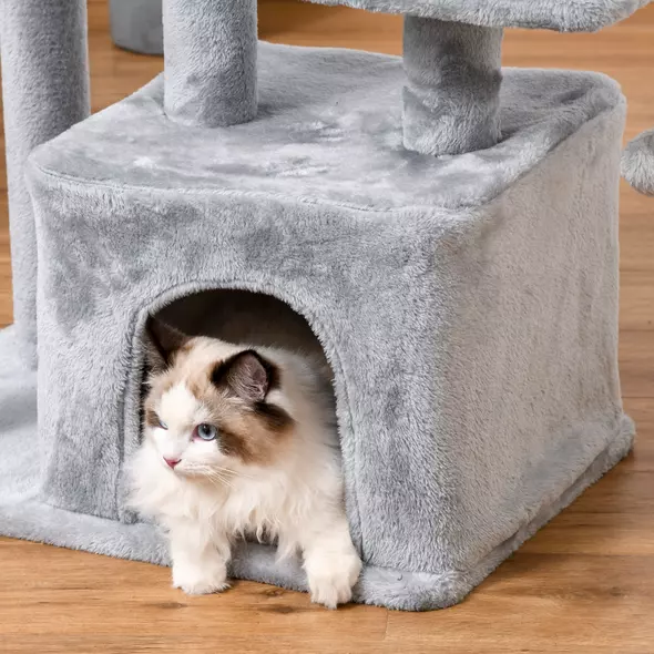 PawHut Cat Tree Tower for Indoor Cats 114cm Climbing Activity Centre Kitten with Sisal Scratching Post Perch Hanging Ball Condo Toy Light Grey - 7
