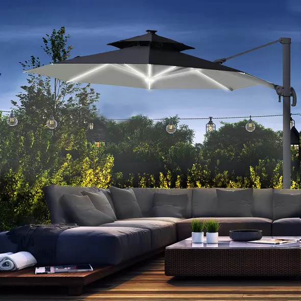 Outsunny 3m Cantilever Parasol w/ Solar Lights Power Bank Base 360° Spin Dark Grey - 2