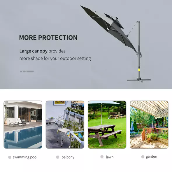 Outsunny 3m Cantilever Parasol w/ Solar Lights Power Bank Base 360° Spin Dark Grey - 8