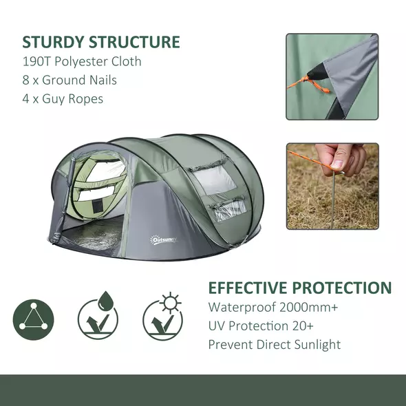 Outsunny 4 Person Pop-up Camping Tent Family Tent with Ground Sheet, 4 Windows and Portable Carry Bag for Beach Outdoor Trip, Dark Green - 8