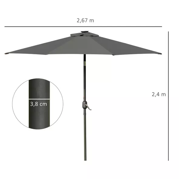 Outsunny 2.7m Patio Garden Umbrella Outdoor Parasol with Tilt Crank and 24 LEDs Lights (Grey) - 3