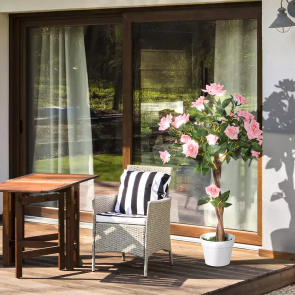 Outsunny Artificial Plants Pink Rose Floral in Pot, Fake Plants for Home Indoor Decor, 90cm - 1