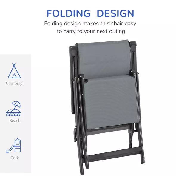 Outsunny Set of 2 Outdoor Sun Lounger 10-Position Adjustable Texteline Folding Reclining Chairs with Footrest for Patio Garden, Grey - 5