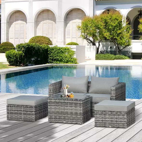Outsunny Five Piece Rattan Armchair, Stool and Table Set - Mixed Grey - 2