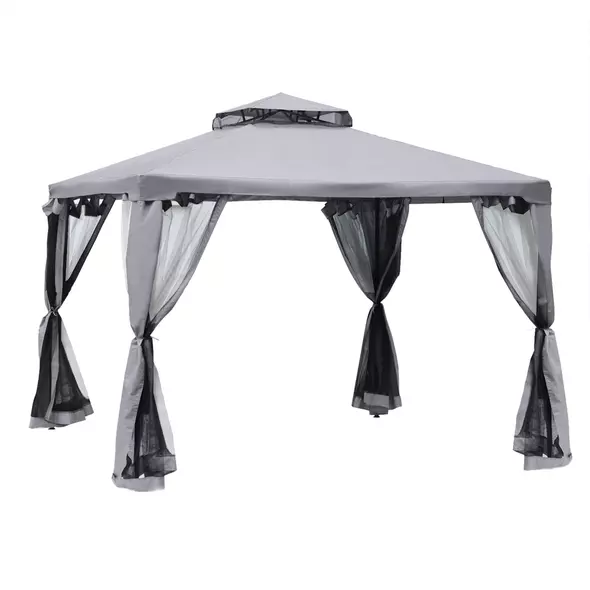Outsunny 3 x 3 m Metal Gazebo, Garden Pavillion, Double Roof Outdoor Canopy Shelter with Mesh Sidewalls, Grey - 1
