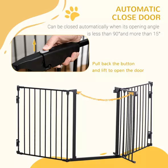PawHut Pet Safety Gate, 3 Panels Playpen Fireplace, Foldable Metal Fence, Stair Barrier, Room Divider, Fire Guard w/ Automatic Closing Door, Black - 6