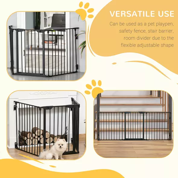 PawHut Pet Safety Gate, 3 Panels Playpen Fireplace, Foldable Metal Fence, Stair Barrier, Room Divider, Fire Guard w/ Automatic Closing Door, Black - 4