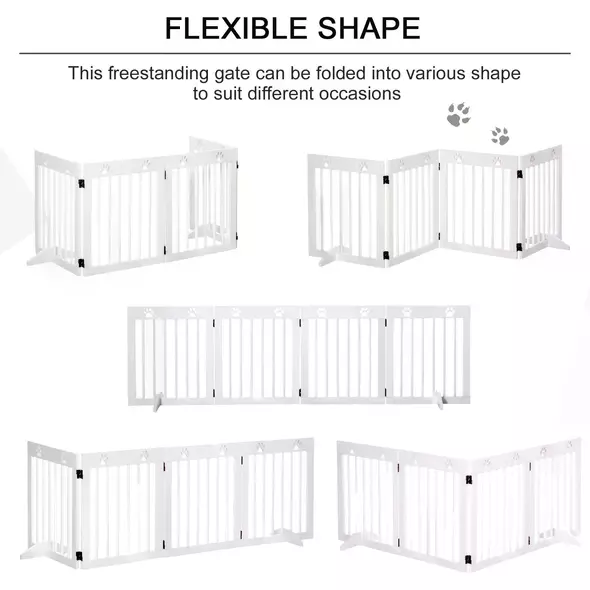 PawHut Freestanding Pet Gate 4 Panel Wooden Dog Barrier Folding Safety Fence with Support Feet up to 204cm Long 61cm Tall for Doorway Stairs White - 6
