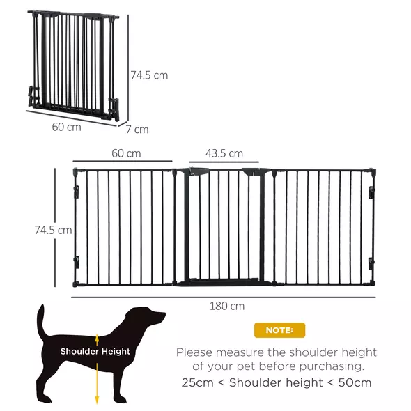 PawHut Pet Safety Gate, 3 Panels Playpen Fireplace, Foldable Metal Fence, Stair Barrier, Room Divider, Fire Guard w/ Automatic Closing Door, Black - 3
