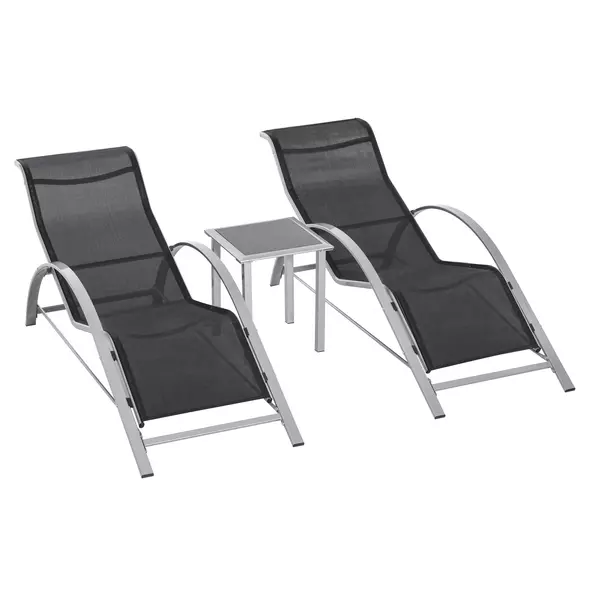 Outsunny Three-Piece Curved Sun Lounger Set - Black - 1