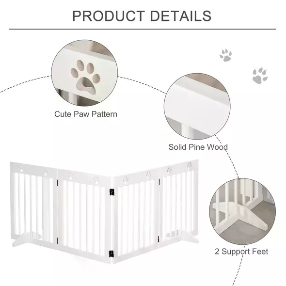 PawHut Freestanding Pet Gate 4 Panel Wooden Dog Barrier Folding Safety Fence with Support Feet up to 204cm Long 61cm Tall for Doorway Stairs White - 5