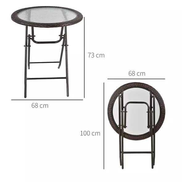Outsunny Folding Rattan Garden Dining Table, 68 cm Round Rattan Garden Table with Water Ripple Tempered Glass Top, Wicker Edging  and Steel Frame for Outdoor, Patio, Brown - 3