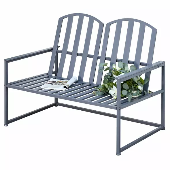 Outsunny Steel Patio Garden Bench Loveseats for Outdoors Park Yard Slatted Design Grey - 1