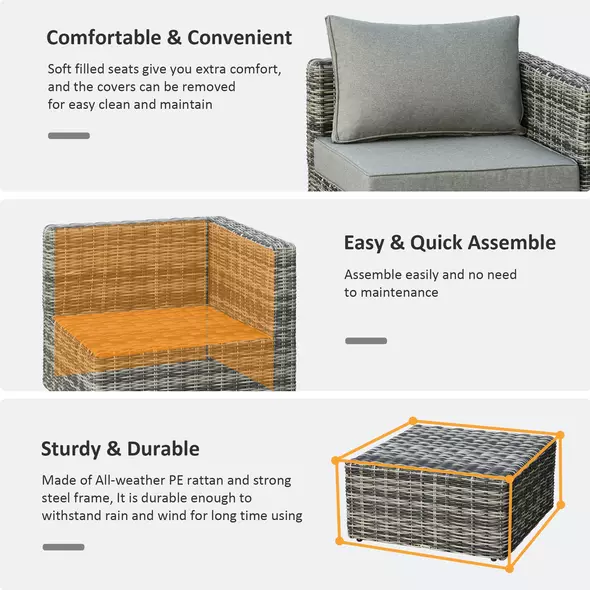 Outsunny Five Piece Rattan Armchair, Stool and Table Set - Mixed Grey - 5