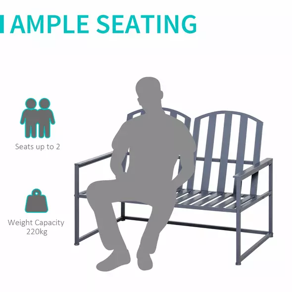 Outsunny Steel Patio Garden Bench Loveseats for Outdoors Park Yard Slatted Design Grey - 5