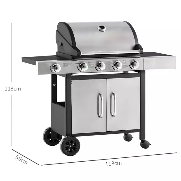 Outsunny Gas Barbecue Grill 4+1 Burner Garden Smoker BBQ Trolley w/ Side Burner Warming Rack Side Shelves Storage Cabinet Piezo Ignition Thermometer Stainless Steel + Metal - 3