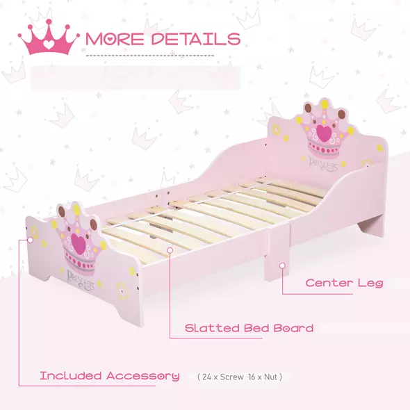 HOMCOM Kids Toddler Bed Princess Crown Theme Safety Side Rails Slats Home Bedroom Furniture Boys Girls 3-6 Years Pink 143 x 73 x 60 cm - 4