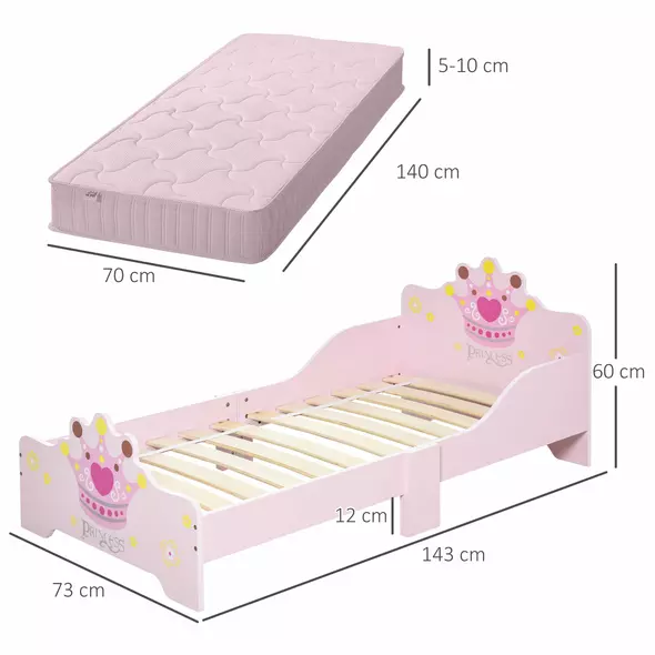 HOMCOM Kids Toddler Bed Princess Crown Theme Safety Side Rails Slats Home Bedroom Furniture Boys Girls 3-6 Years Pink 143 x 73 x 60 cm - 3