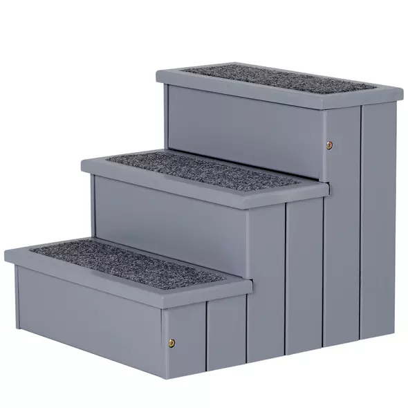 PawHut Dog Steps for Bed Sofa, 3 Step Wooden Dog Stairs for Sofa, Pet Stairs with Storage for Small Cats and Puppy, Grey - 1