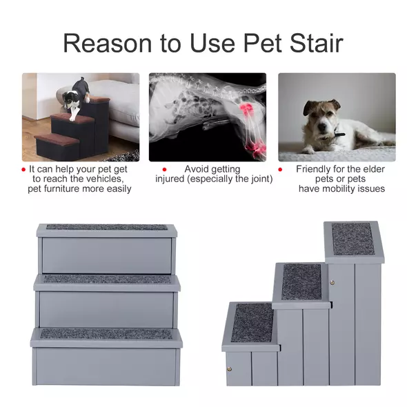 PawHut Dog Steps for Bed Sofa, 3 Step Wooden Dog Stairs for Sofa, Pet Stairs with Storage for Small Cats and Puppy, Grey - 5