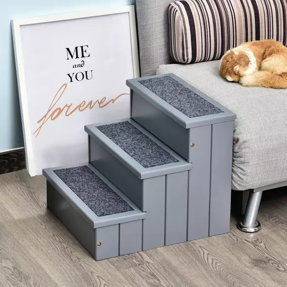 PawHut Dog Steps for Bed Sofa, 3 Step Wooden Dog Stairs for Sofa, Pet Stairs with Storage for Small Cats and Puppy, Grey - 2