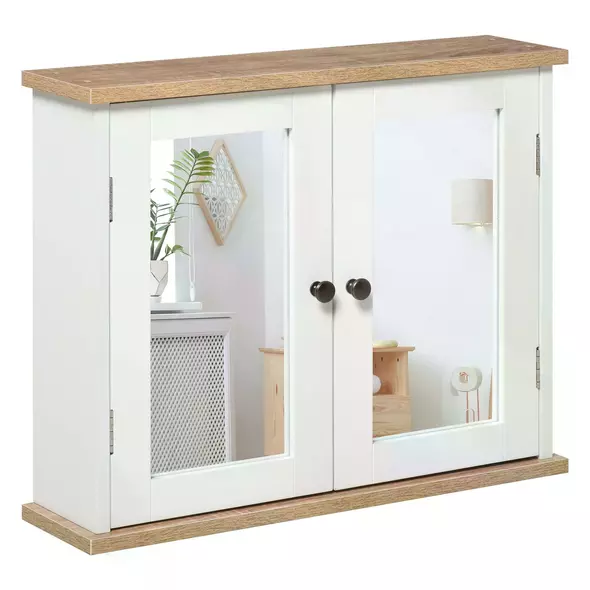 kleankin Bathroom Mirror Cabinet Wall Mounted Storage Cupboard with Double Door and Adjustable Shelf, White - 1