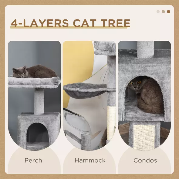 PawHut Cat Tree Tower for Indoor Cats, 111cm Kitten Activity Centre with Scratching Post Pad Hammock Condo Bed Ball Toy, Grey - 5