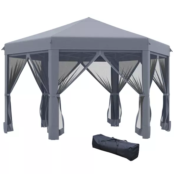 Outsunny 3.8m x 3.2m Pop Up Gazebo Hexagonal Canopy Tent Outdoor Sun Protection with 6 Mesh Sidewalls, Hand Bag, Grey - 1