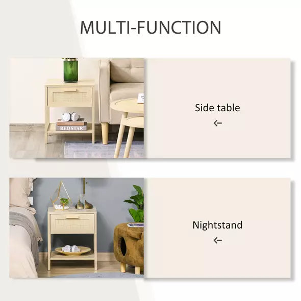HOMCOM Nightstand with Rattan Drawer and Storage Shelf, Bedside End Table for Bedroom, Living Room - 7