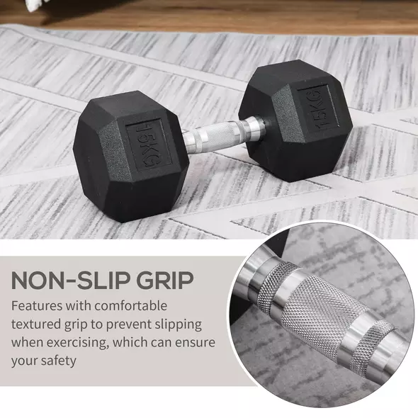 HOMCOM 15KG Single Rubber Hex Dumbbell Portable Hand Weights Dumbbell Home Gym - 5