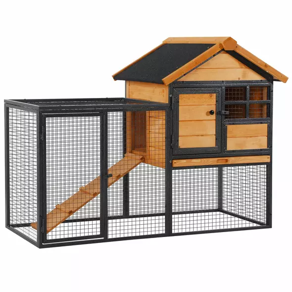 PawHut Rabbit Hutch Guinea Pig Hutch Wood-metal Elevated Guinea Pig House Pet Bunny Cage for Outdoor 122 x 63 x 92cm Light Yellow - 1