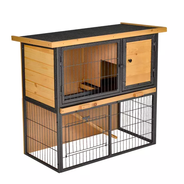 PawHut Guinea Pig Hutch Rabbit Hutch Wood-metal Elevated Pet House Bunny Cage with No-Leak Tray Ramp Openable Roof Outdoor 89.5 x 45 x 81cm Light Yellow - 1