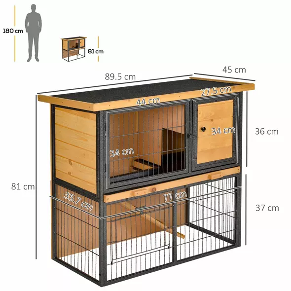 PawHut Guinea Pig Hutch Rabbit Hutch Wood-metal Elevated Pet House Bunny Cage with No-Leak Tray Ramp Openable Roof Outdoor 89.5 x 45 x 81cm Light Yellow - 3