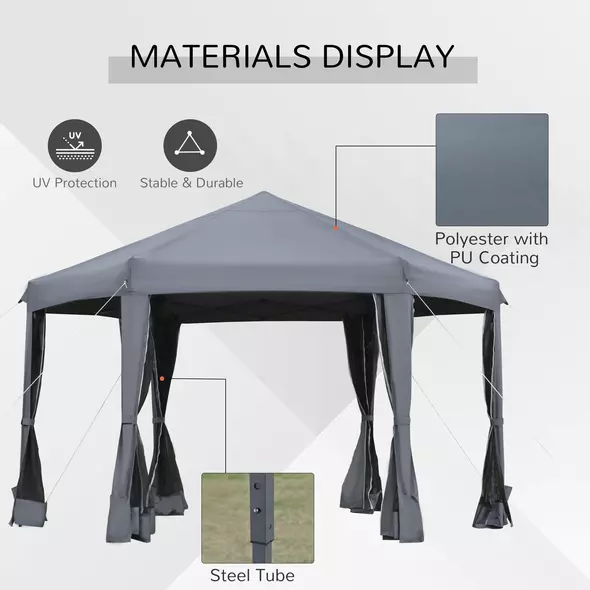 Outsunny 3.8m x 3.2m Pop Up Gazebo Hexagonal Canopy Tent Outdoor Sun Protection with 6 Mesh Sidewalls, Hand Bag, Grey - 5